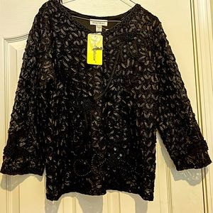 Lacy, beaded black blouse/top. 3/4 sleeves. NWT. Ribbon and lace pattern. Sequin